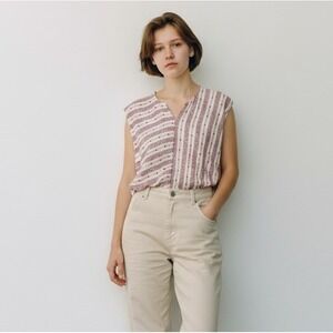 CP SHADES Linen V Neck Sleeveless Shirt Top - White & Burgundy - Sz M